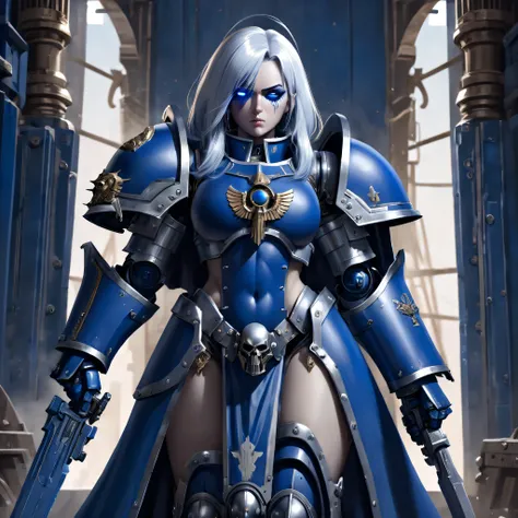 A formidable Adepta Sororitas adorned in Sexy Roman-inspired power armor, featuring noble blue and silver hues. She holds a powerful weapon, ready for battle. (Portrait). (Eye-level). Background: The interior of an Ultramarines ship, with the cold steel wa...