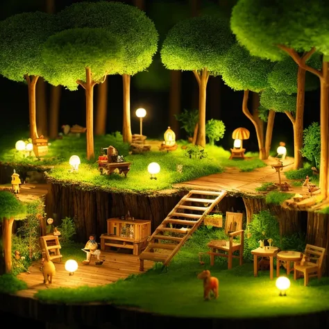 A masterpiece in the form of a wood forest world full of life inside a beautiful, illuminated miniature forest