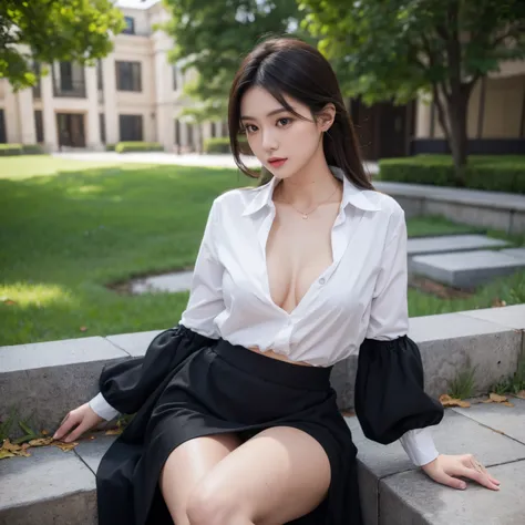 One word collar，black in color，Long low-cut skirt，Beautuful Women，，White skin and beautiful appearance