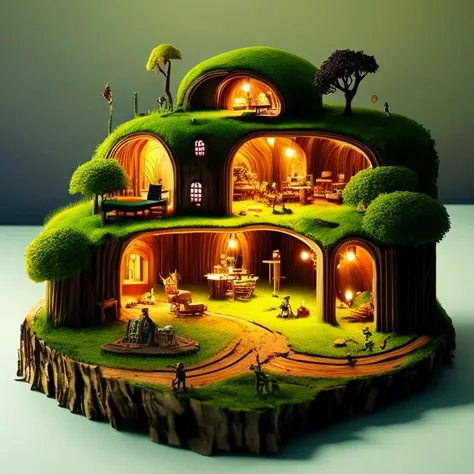 A masterpiece in the form of a wood forest world full of life inside a beautiful, illuminated miniature forest