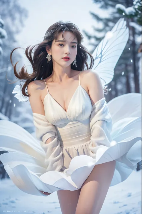 tmasterpiece、quality、ultra - detailed、Marilyn Tagirth，Focus on thighs and above，Clear face，（Best quality at best）， beuaty girl：1.5、Red fluffy off-shoulder dresig wind，long hair fluttering，Snowflake earrings、snowflakes falling、bblurry、Snow World