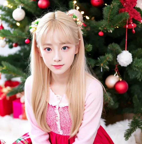 Jeon somi i.o.i, kpop soloist. With blonde hair. Long white hair. She has a clear complexion. Lips shaped like cherry trees and pink. Blue eyes. Dressed in pink clothes. She is in her room next to you To a Christmas tree.