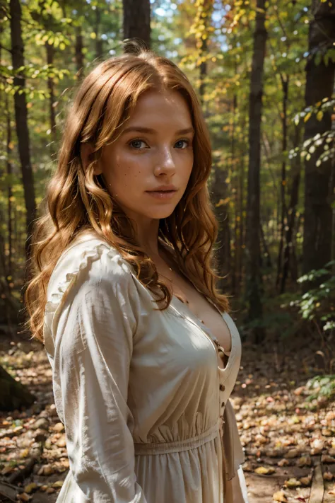 Bright, strawberry blonde-haired, with freckles. The sun, the autumn forest, fantastic beauty. Curls. wearing a boho summer dress Ultra-detailed dreamlike, photography  8K resolution image, translucent and ethereal.