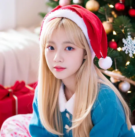 Jeon somi i.o.i, kpop soloist. With blonde hair. Long white hair. She has a clear complexion. Lips shaped like cherry trees and pink. Blue eyes. Dressed in pink clothes. She is in her room next to you To a Christmas tree.