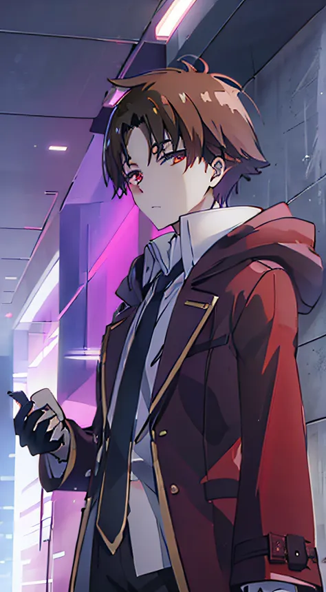 Ayanokouji Kiyotaka, 1child, Enfoque masculino, brown hair, Pov, capa con capucha negra, abrigo negro, Gabardina, Guantes negros, pantalones negros, ojos rojos, ojos brillantes, Mirando al espectador, morado ardiente,