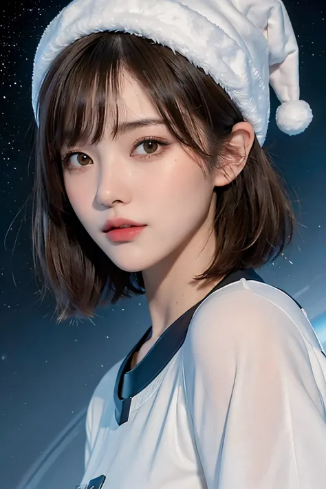 top-quality、​masterpiece、超A high resolution、(realisitic:1.4)、Beautuful Women１、Beautiful detail eyes and skin、ssmile、Light brown short-cut hair、The perfect spacesuit、spaceships、Dark outer space、snow country、santa hat、