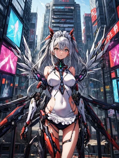 top-quality、ighly detailed、​masterpiece、ultra-detailliert、illustratio、((1girl in))、silber hair、length hair、Floating hair、、Cyber City、Neon building、(The upper part of the body:1.05)、extremely_Detailed_Eyes_And_Face,cybernetic wings mechanical wings、Random p...