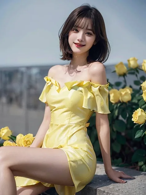 (she was wearing a long yellow party dress、yellow roses were blooming..。 ,Off-shoulder_Dress,:1.3),(side slits:1.1)masutepiece, Best Quality, Illustration, Ultra-detailed, finely detail, hight resolution, 8K Wallpaper, Perfect dynamic composition, Beautifu...