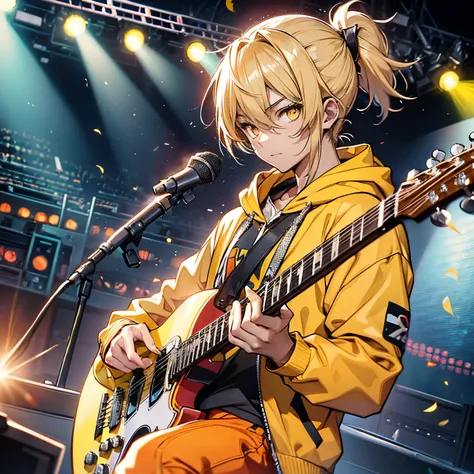 Male teenager、yellow  hair、Short ponytail、Yellow eyes、yellow hoodie with pikachu ears、half-pants、stage、illuminated by spotlight、Playing guitar