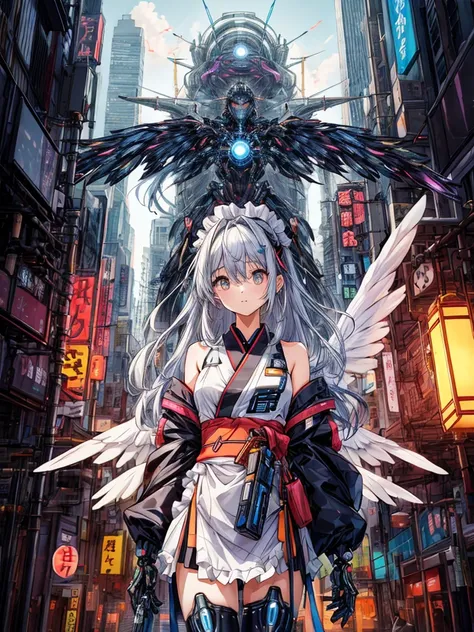 top-quality、ighly detailed、​masterpiece、ultra-detailliert、illustratio、((1girl in))、silber hair、length hair、Floating hair、、Cyber City、Neon building、(The upper part of the body:1.05)、extremely_Detailed_Eyes_And_Face,cybernetic wings mechanical wings、Random p...