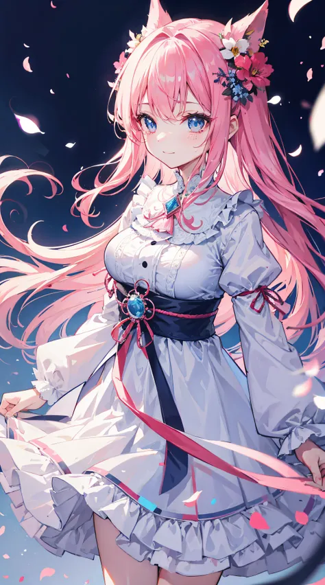 Pink Long Hair，dark strong blue eye，Smiling but crying again，Tears welled up from the corners of my eyes，smile back，Show your ears，white dresses，Very innocent girl，Holding a flower that is about to wither，The picture looks like a bustling city，Motion blur ...