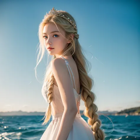 ,((Best quality at best))),8K,((tmasterpiece)),(Extremely Delicately Beautiful), There was a girl coming out of the sea, Swan princess in Russian mythology, beautiful calm face, eBlue eyes, Long blonde hair braided, Moon braid on back of head, Russian shin...