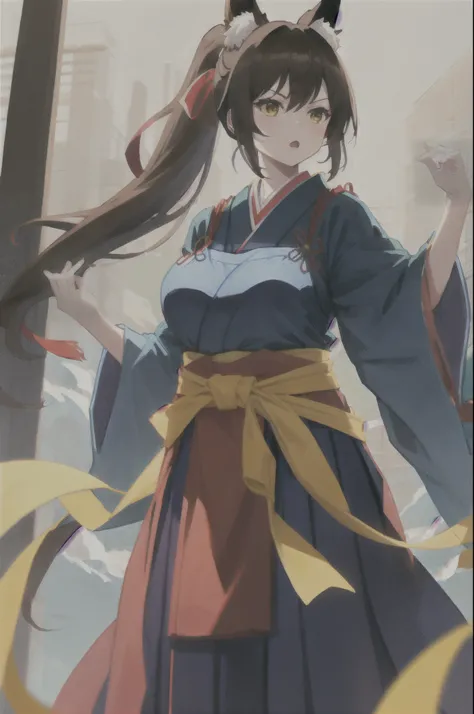 Anime girl in blue hakama and yellow apron, A large blue ribbon is attached to the waist...,fox ear、long brown ponytail hair、Red ribbon in hair,Onmyoji,I have a sword