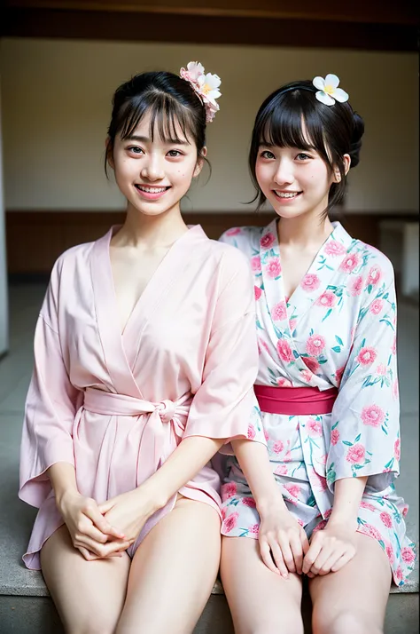 2 girls in hot spring,pale pink floral yukata,hair accessories,cotton thong,18-year-old,bangs,a little smile,thighs,crotch,knees,short cut hair,low poneytail,from below