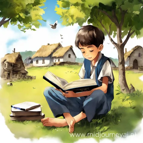 anime boy sitting on the grass reading a book in front of a tree, story book illustration, children book illustration, kids book illustration, storybook illustation, childrenbook illustration, childrens book illustration, children’s book illustration, stor...