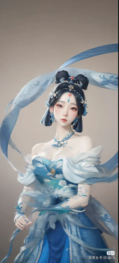 There is a woman in a blue dress holding a ribbon, Complex and gorgeous anime CGI style, Inspired by Lanying, Guweiz style artwork, guweiz, inspired by Ai Xuan, beautiful fantasy empress, A masterpiece by Guwiz, Inspired by Zhou Wenjing, inspired by Leng M...