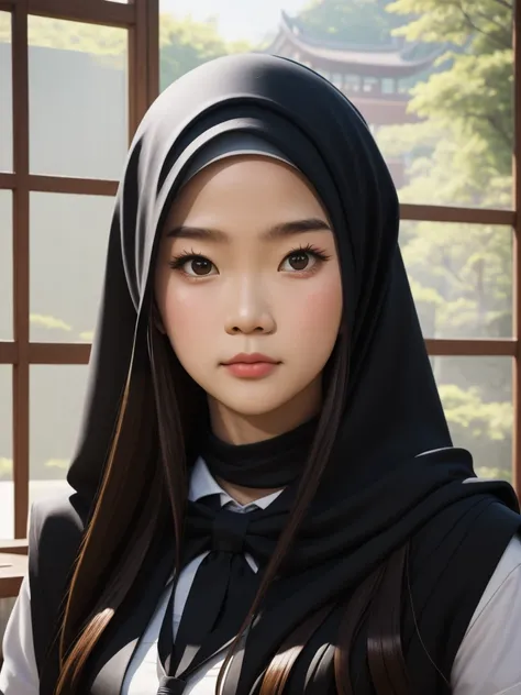 there  a woman wearing a black hijab and a white shirt, hijab, south east asian with round face, malaysian, with accurate face, student, sakimi chan, asian face, perfect expression, protrait, with kind face, close up potrait, handsome girl, full protrait, ...