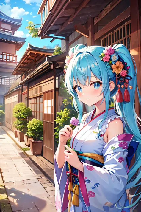 ​masterpiece、Top image quality、超A high resolution、miku hatsune、blue hairs、Twin-tailed、Blushing、Cute and shy、Kimono、firm breasts、well-shaped breasts、kyoto、Japan、during daytime