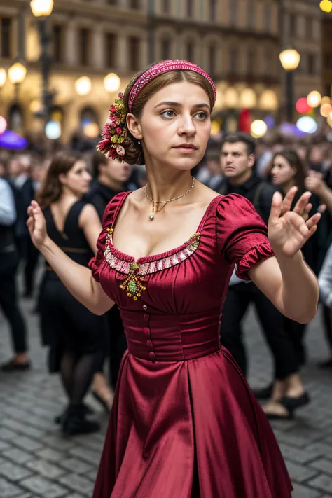 ultra detailed cinematic photograph,  Frau Trafaya women,  dancing , crowded square, in 1518,  Canon EOS 1Ds Mark III best settings