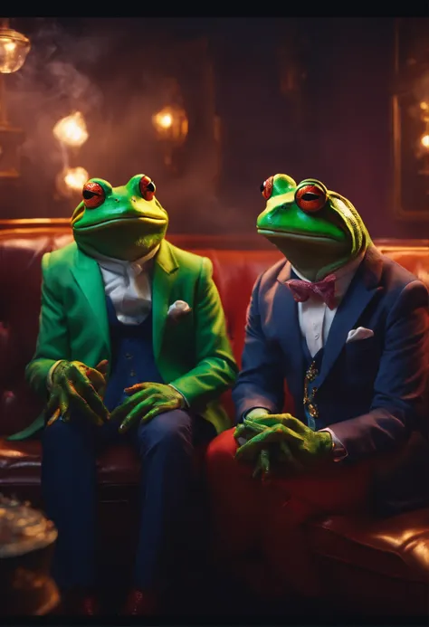 2 frogs wearing colorful suits, sitting on a coach, smoking cigarettes, smoke filling the room, they look high , neon lights, high quality, high detail , 8k