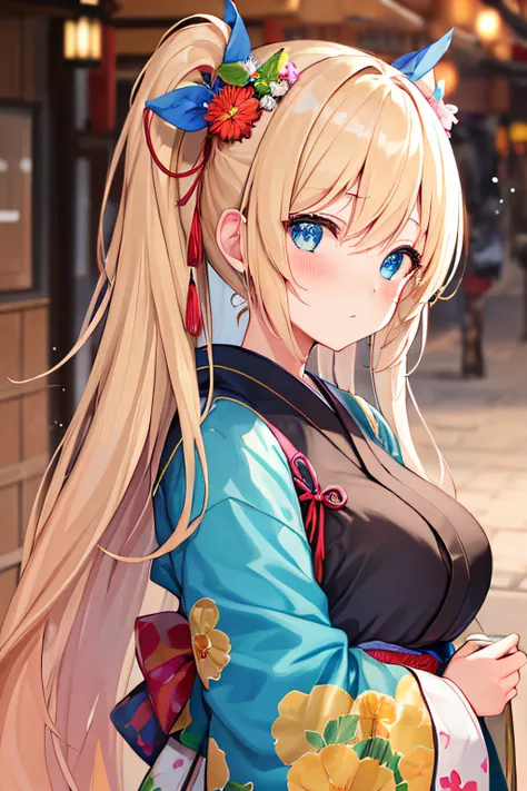 ​masterpiece、Top image quality、超A high resolution、miku hatsune、blue hairs、Twin-tailed、Blushing、Cute and shy、Kimono、firm breasts、well-shaped breasts、kyoto、Japan、during daytime