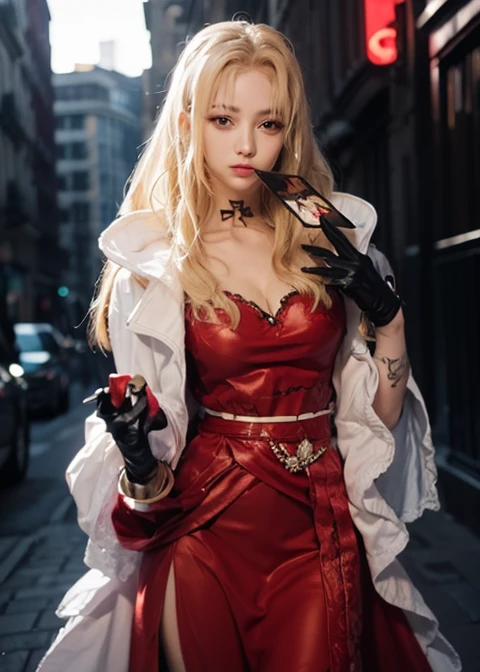 1girl, female magic in anime one piece, long hair , blonde hair, red eyes, beautiful,tattoos on forehead and neck, red dress, white dress, gloves, cards, city background, ultra detail, realistic