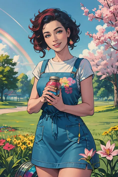 A girl standing with a beaming smile on her face, holding the jar of magic paint in her hands. It is surrounded by a magical and colorful environment, with colorful flowers, vibrant trees and a sky full of rainbows. 4k resolution