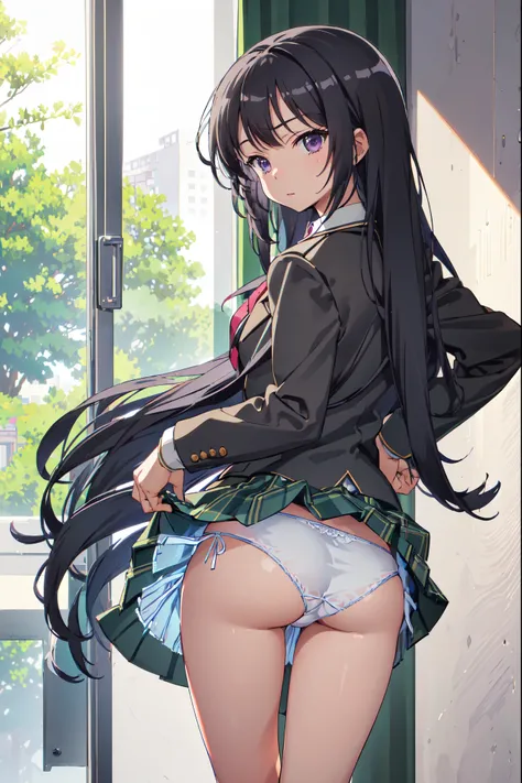 (((pixel-perfect, detail-perfect))), solo, 1girl, yozora mikazuki, school uniform, blazer, long hair, looking at viewer, closed mouth, 
Panty Pose, (Fully exposed panties:1.5)、(white panties:1.3)、(Skirt that rolls up:1.3)、(Skirt lift:1.3), Panty shots,  Be...