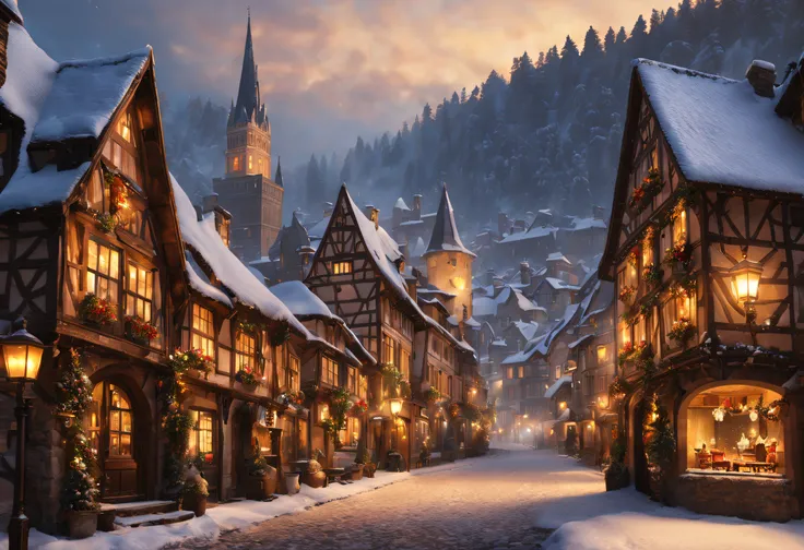 (best quality,4k,8k,highres,masterpiece:1.2),ultra-detailed,realistic, snowy medieval town, charming architecture, cobblestone streets, towering castle, smoke billowing from chimneys, icicles hanging from rooftops, snow-covered fir trees, flickering lanter...