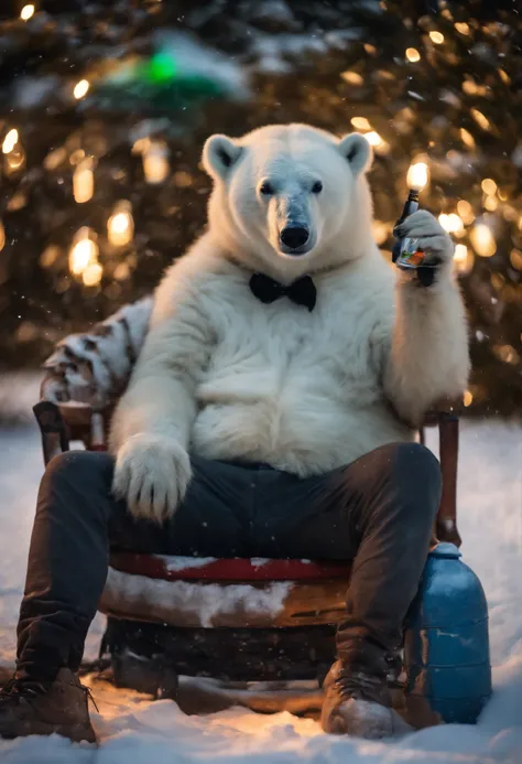 A white polar bear wearing shorts and t shirt, wearing sunglasses , standing in the snow, smoking a cigarette, vaping, high quality, high detail, Christmas neon lights, 8k