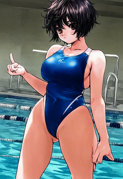 A boyish big-breasted beauty with a short-cut hairstyle that spreads her hair out at the back is standing by the school pool with a stunned expression in a blue high-leg swimsuit.。