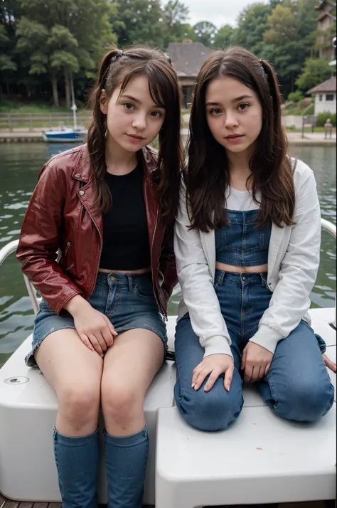 2 little girl, same age, about 7 years old
One sit and another kneel. Shaggy hair and Twintail hair
Wearing transpatent latex jacket and jeans skirt
On a boat in beautiful lake full of flower