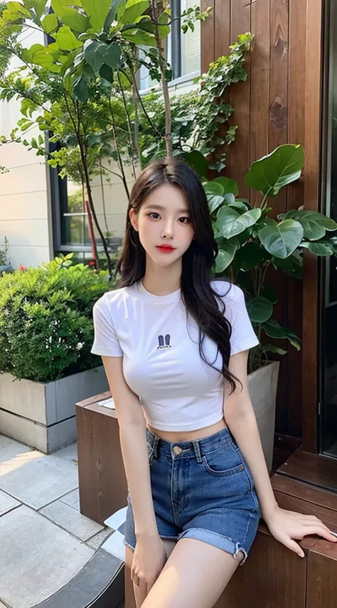 A Beautiful Girl, long-haired:1.4, Waist-length hair, Face shape, beautidul eyes, Beautiful mouth, red lip, proportional body, slim, large boobs:1.4, small waist, Small thighs, beautiful legs, Long slender legs.., t-shirt, short pants, high heels