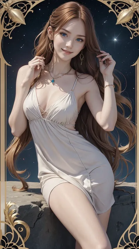 25-year-old Caucasian woman、hair color is reddish、blue eyess、Semi-long、setting hair、Im tying my hair、My hair is wavy、Slender but thin macho、accessories on the wrist、wearing a chain necklace、Beautiful breasts、a smile、I need space above my head、wearing a min...