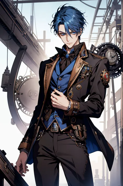 (masterpiece), best quality, expressive eyes, perfect face, solo, male focus, mature, adult,  blue hair, short hair, blue eyes, steampunk clothes , handsome, slender, solo, cowboy shot, very aesthetic