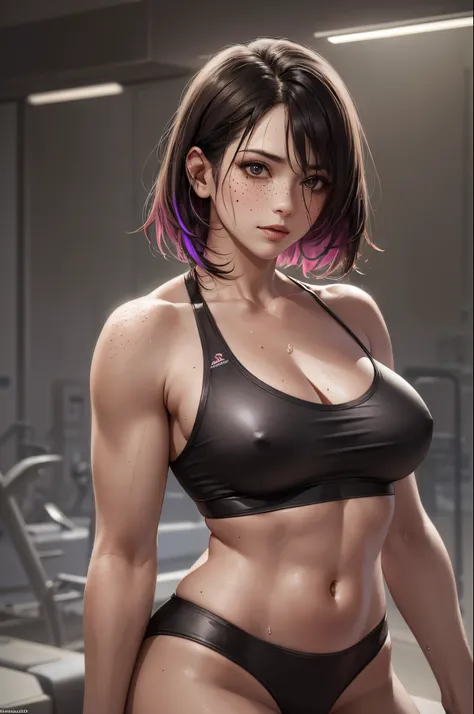 An illustration in 8K resolution portraying a fantasy woman with a perfect body, captured in a realistic gym scene. The artists style, akin to Craig Mullins, emphasizes rich textures and atmospheric lighting. The woman strikes a powerful pose, surrounded b...