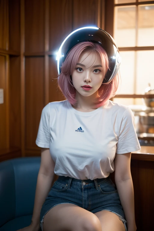 a photo of a young pretty, nerdy woman sitting in a cafe, wearing a white shirt and a bow, surrounded by a cozy lofi atmosphere,...