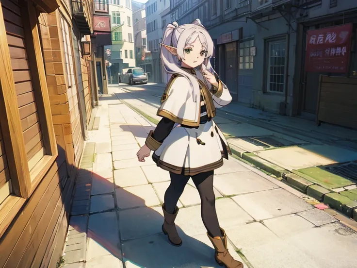 nffsw, Twin-tailed, 1girl in, pointy ear, Round face,White hair, Green eyes, elf, pantyhose, Long hair, earrings, Black pantyhose, white capelet, Long sleeves, Dress,Anime girl wearing a skirt and boots walking through the streets of Europe, Holding a larg...