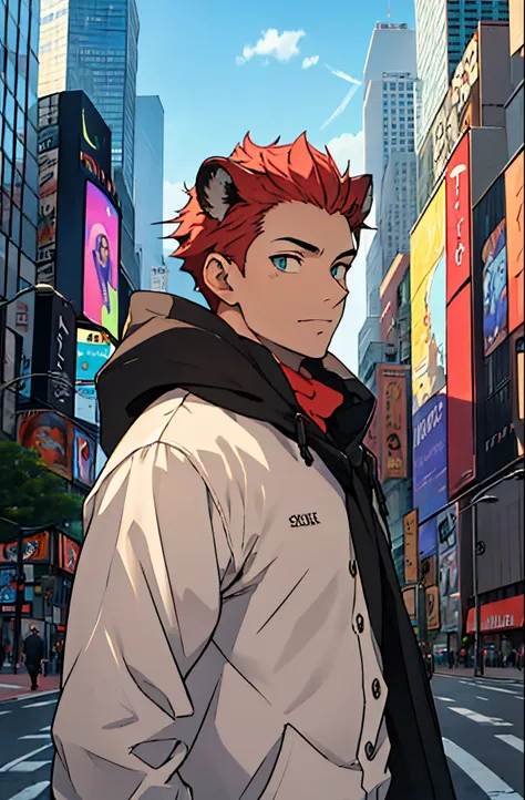 A mais alta qualidade, 8K, image high resolution, Detailed strokes, no meio de uma avenida movimentada estilo Times Square, inverno, apoiado em um dos postes, adolecente, lion men, wearing a cold jacket , masculo, chest a little tight in the shirt , (angul...