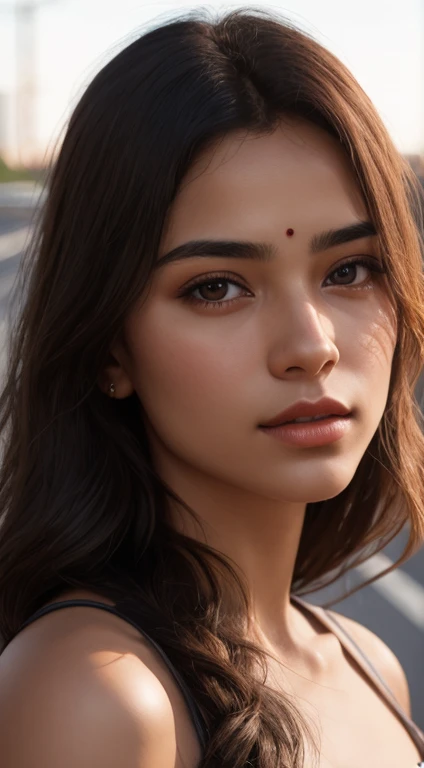 young Indian girl, 18-year-old, yellow top, gentle lighting, front look, intricate facial details, flawless complexion, top-notch 3D rendering, hyper-realistic, shot on Indian road. photorealistic digital art trending on Artstation 8k HD high definition de...