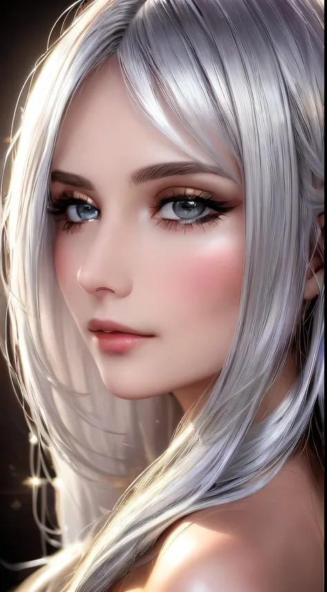 a beautiful young girl with silver hair, with golden strands, close-up,a lot of light,dim light, close-up,a lot of details,rhinestones,alchemy