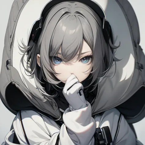 (masutepiece:1.2, best quality),  [1 girl in, expressioness, turquoise eyes, slate gray hair, half short hair,white jacket,jacke...