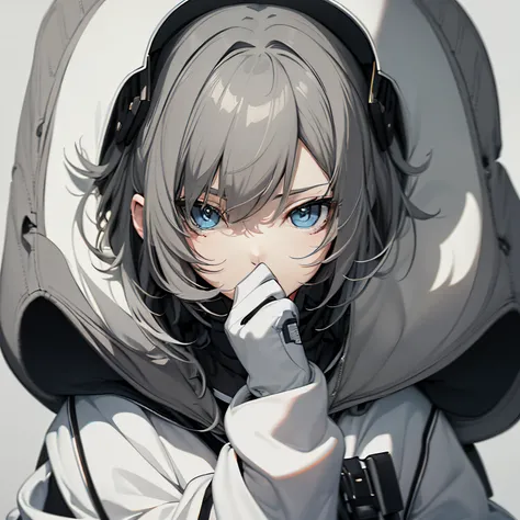 (masutepiece:1.2, Best Quality),  [1 girl in, expressioness, Turquoise eyes, slate gray hair, half short hair,White jacket,Jacket is taken off, ] (Gray white background:1.2),