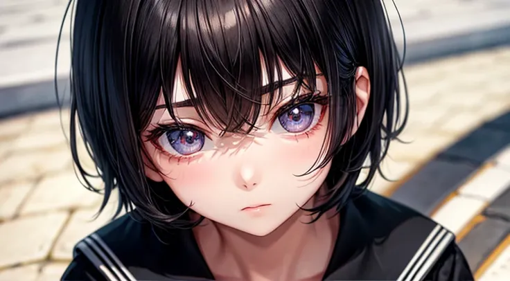 1 girl, blank eyes, sharp black eyes, medium short hair, black hair, grade school uniform, sneakers, highly detailed eyes, high quality eyes, best quality, looking up, rooftop, pretty eyes.