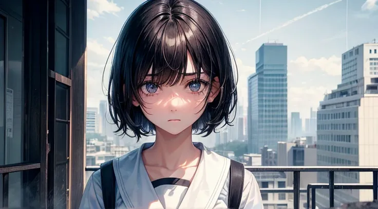 1 girl, blank eyes, sharp black eyes, medium short hair, black hair, grade school uniform, sneakers, highly detailed eyes, high quality eyes, best quality, looking up, rooftop, pretty eyes, (masterpiece), wallpaper, raining, depressed look, sorrow atmosphe...