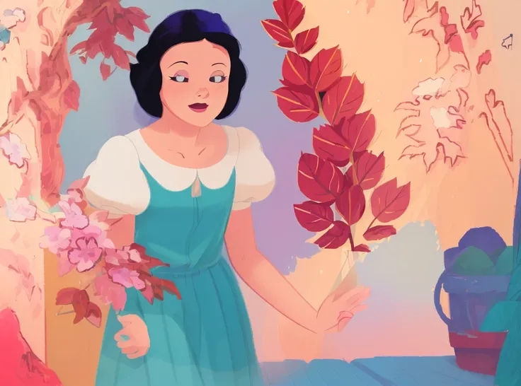 A picture of a woman in a skirt standing next to a potted plant, black and white coloring, Disney 2D animation stills, sketch black and white colors, fair skin, Environmental occlusion:3, Coloring book pages, Princess Snow White, portrait of snow white, Co...