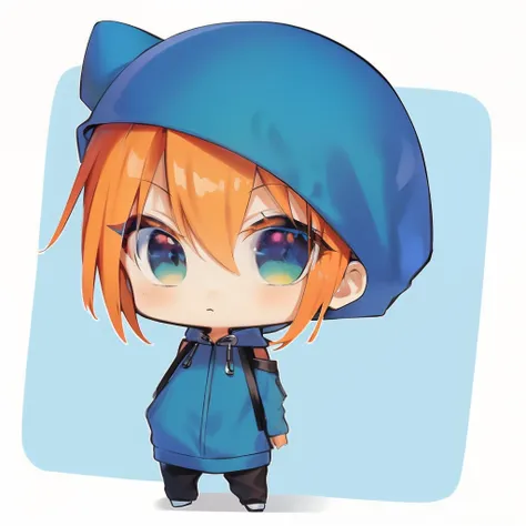 1male,blue green hoodie,Orange Hair,full entire body,shoulder bag,White background,chibi,black pants