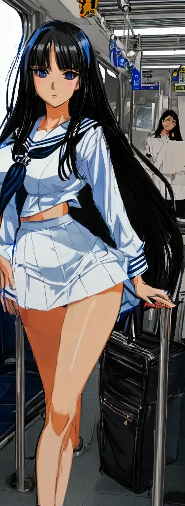 A beautiful woman with long black hair, big breasts, and beautiful legs is wearing a sailor suit with a white miniskirt, boldly showing light blue and blue striped panties, and standing with her legs spread wide as she looks at a middle-aged office worker ...