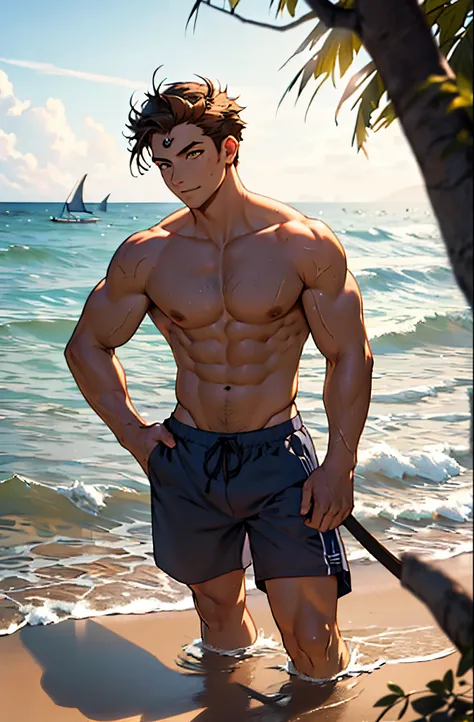 A mais alta qualidade, 8K, image high resolution, Detailed strokes, em uma linda praia, The beach water is crystal clear and blue, with your feet in the water on the beach , adolecente, rosto masculo ,  lion men, sem camisa , wearing shorts to the beac,  m...