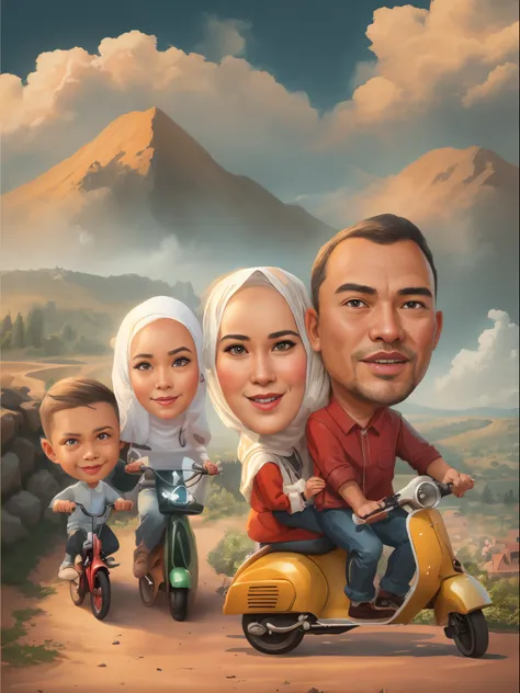 a cartoon of a family riding with Father mother and daughter and younger brother inside, mother wearing hijab, Mothers father rides a scooter, the child behind him rides a bicycle, Background behind beautiful mountains and sky, caricature illustration, car...